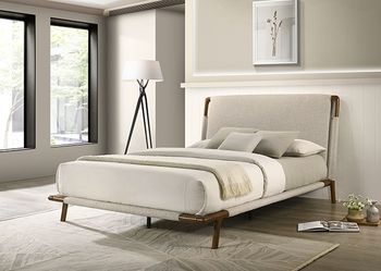 Mid Century Modern Beige Upholstered Platform Bed Frame Queen Camelback Headboard Wood Legs Cama Tapizada Moderna Beige Cabecera