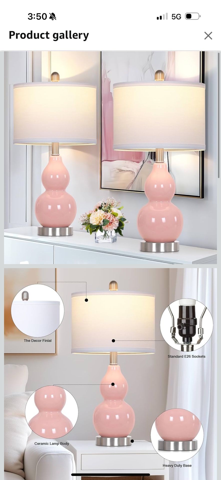Double Gourd Ceramic Table Lamps Set of 2, Modern Pink Bedside Lamps for Night Stand, Contemporary Nightstand Lamps for Bedroom Living Room (Bulb Incl