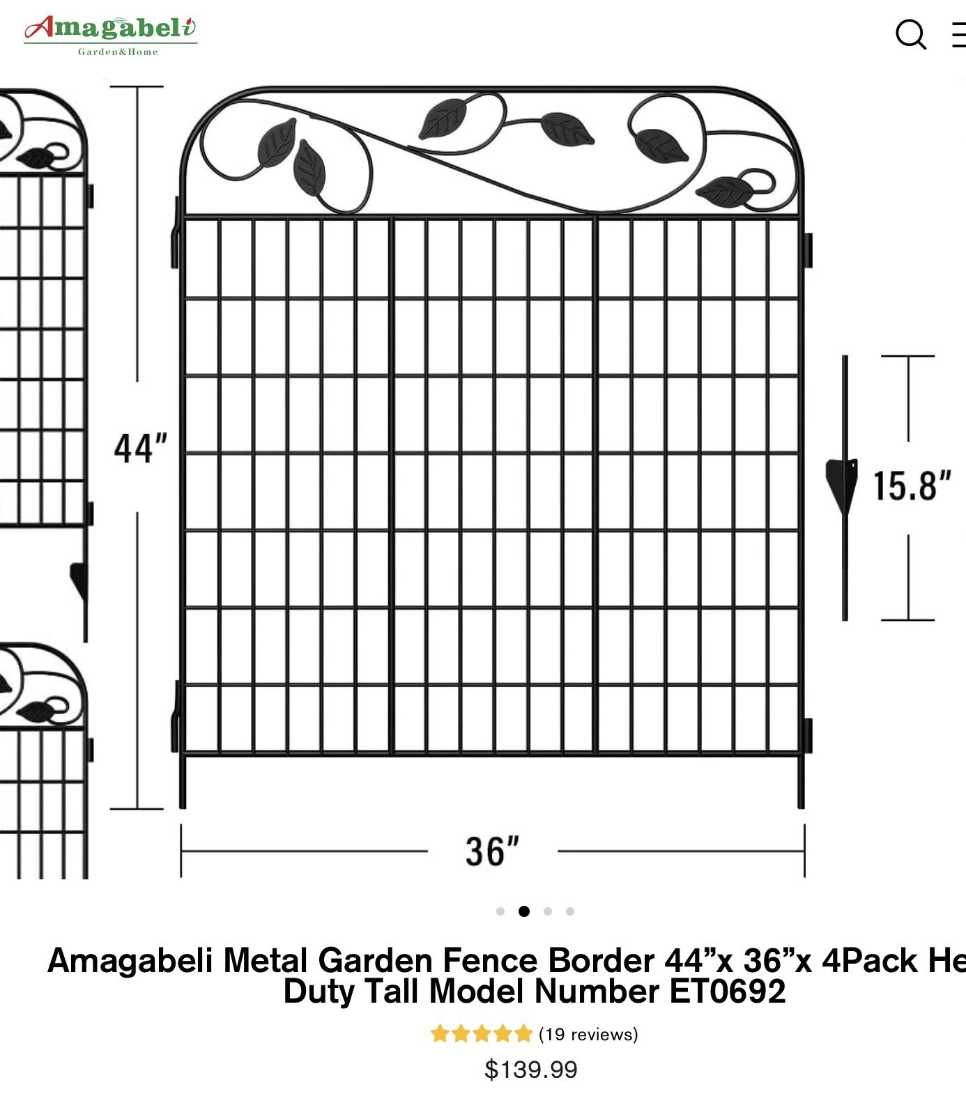 Amagabeli Metal Garden Fence Border 44”x 36”x 4Pack Heavy Duty Tall Model Number ET0692