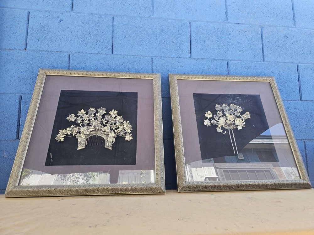Asian Silver Flower Crowns In Frames