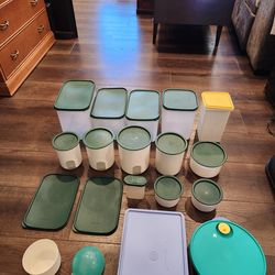 16 Tuppeerware large to small containers and extra covers and comtainer, various size and shape, good condition, just one small round container with c