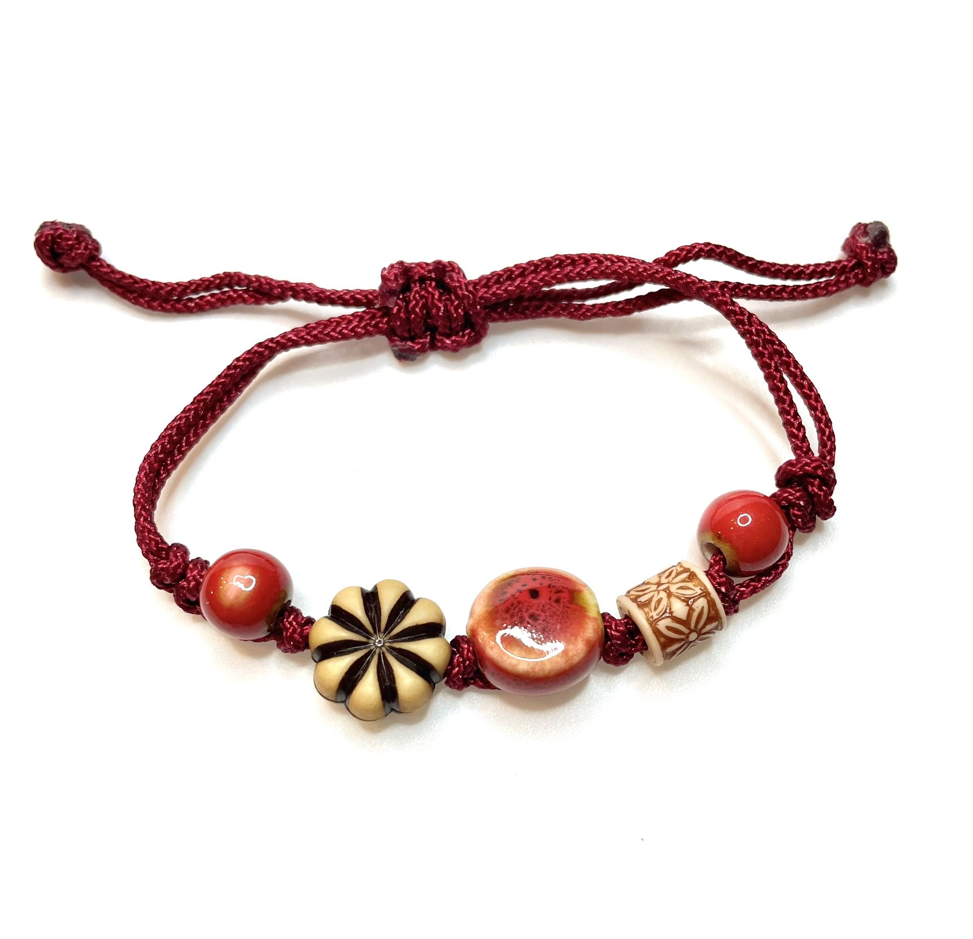 Red Macrame bracelet beaded maroon ceramic beads boho