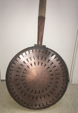 Antique Copper Bed Warming pan, probably French, 24” including handle, 11” d, wonderful piercing and stenciling on top