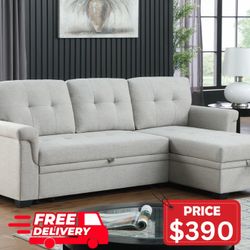 Light Gray Linen Reversible Sleeper Sectional Sofa with Storage Chaise - Free Delivery ✅ Sleeper Sofa