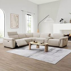 High end recliner sectional sofa with console Beige color