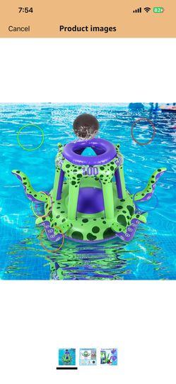 Conderyang Large Octopus Pool 2-in-1 Floating Pool Basketball Hoop Games with Ball Ring Toss Inflatable Water Floats for Ad