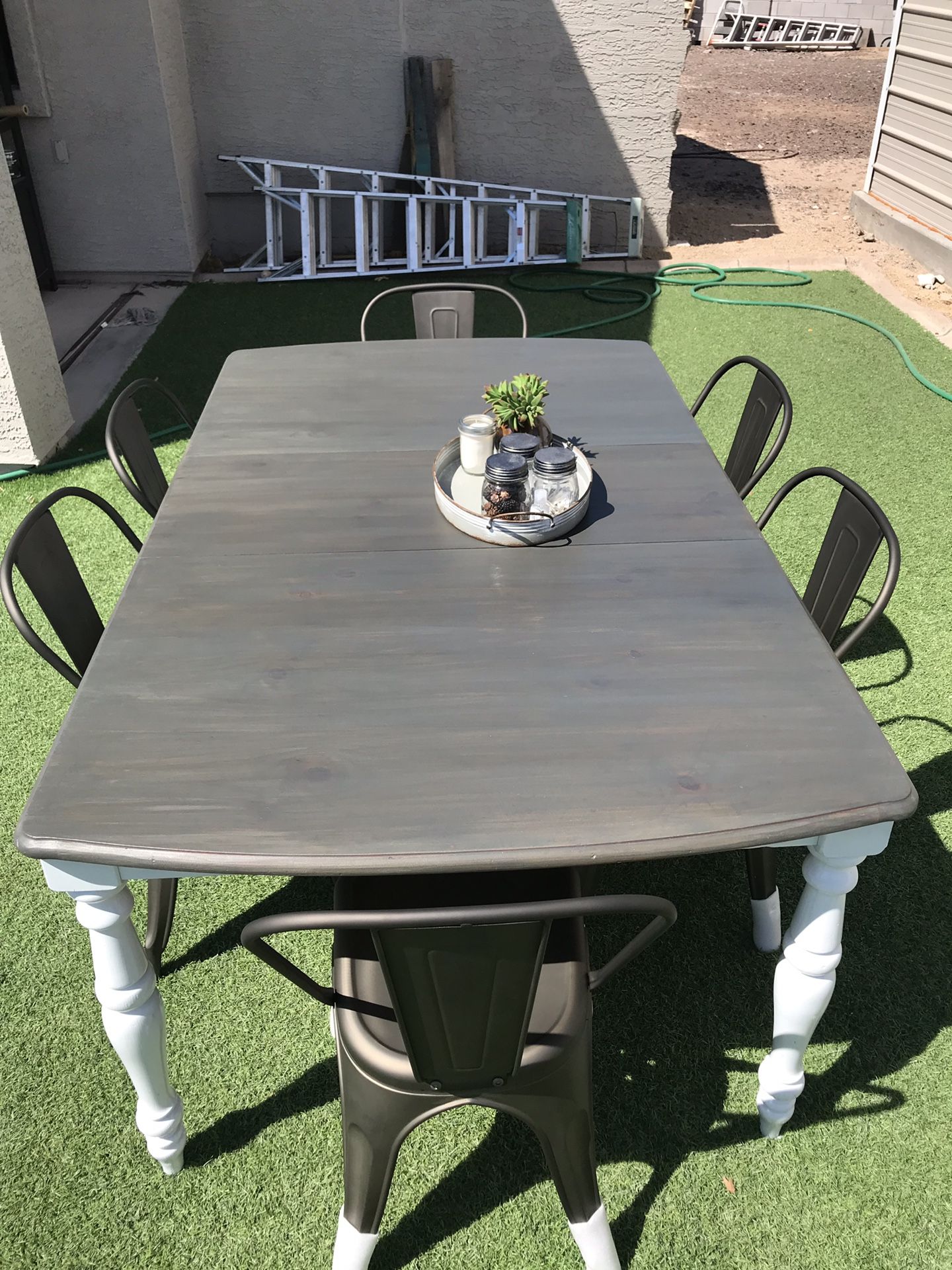 Farmhouse table with metal chairs