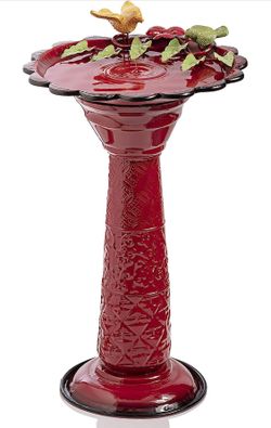 28" Tall Outdoor Metal Birdbath with Birds and Leaves Yard Statue Decoration, Red
