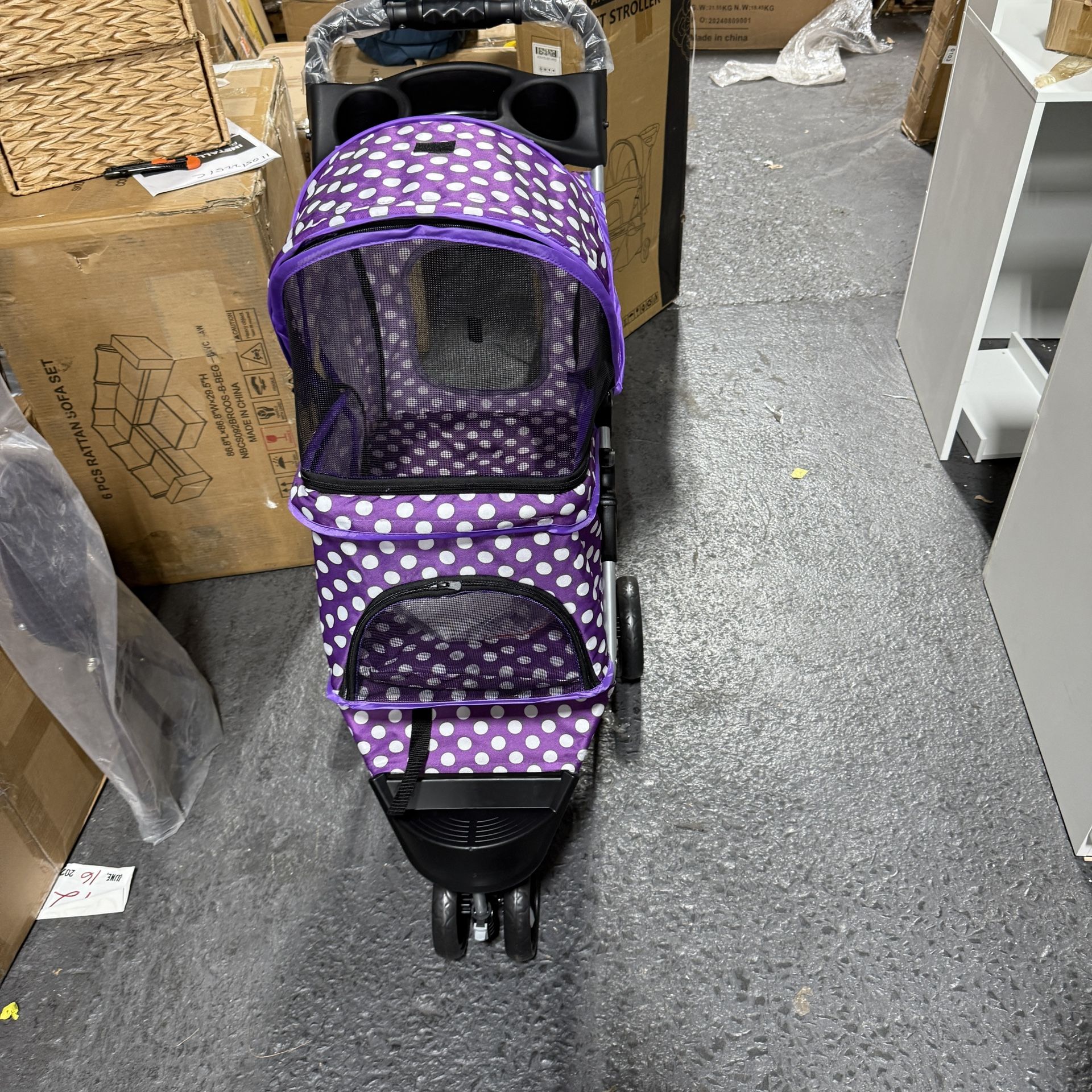 MoNiBloom 3 Wheels Pet Dog Cat Stroller for Small Medium Dogs Cats, Foldable Jogger Stroller w/Storage Basket and Cup Holder, Purple Polka Dots