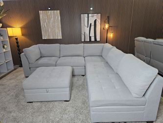 LIKE NEW- Thomasville Tisdale Boucle Modular Sectional with Storage Ottoman Light Gray