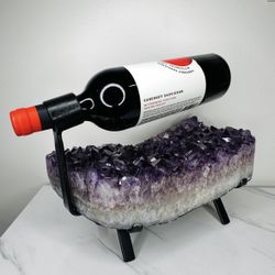 Natural Purple Amethyst Wine Bottle Holder with Metal Rack Home Decor Crystal