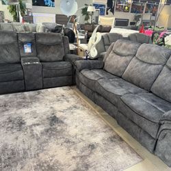 Grey Microfiber 2 Pc Sofa And Love Reclining With Drop Down Console Only $1399