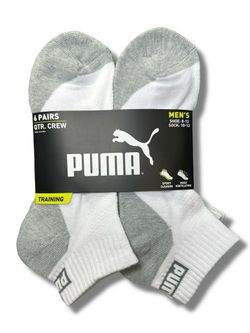 Puma Men's Quarter Crew  Socks, 6 Pairs, White/Gray,  Size Shoe 8-12, Sock 10-23.