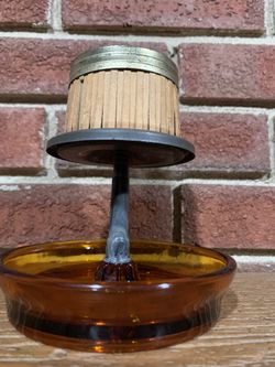 Vintage Gilco Dark Amber Glass & Metal Ashtray w/ Pull Matches