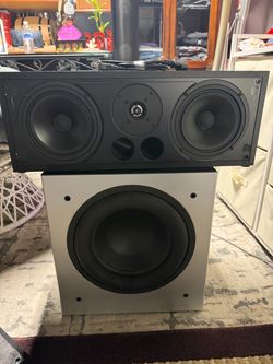 Nice Polk audio PSW 505 subwoofer with Difinitive technology center speaker