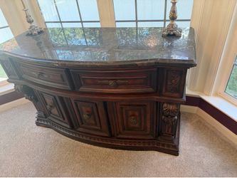 Solid Wood Dining Set & Matching Marble-Top Buffet Buffet – 10pc Complete Collection