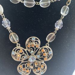 Vintage Flower Necklace With Rhinestones, Silver Tone two Strand READ