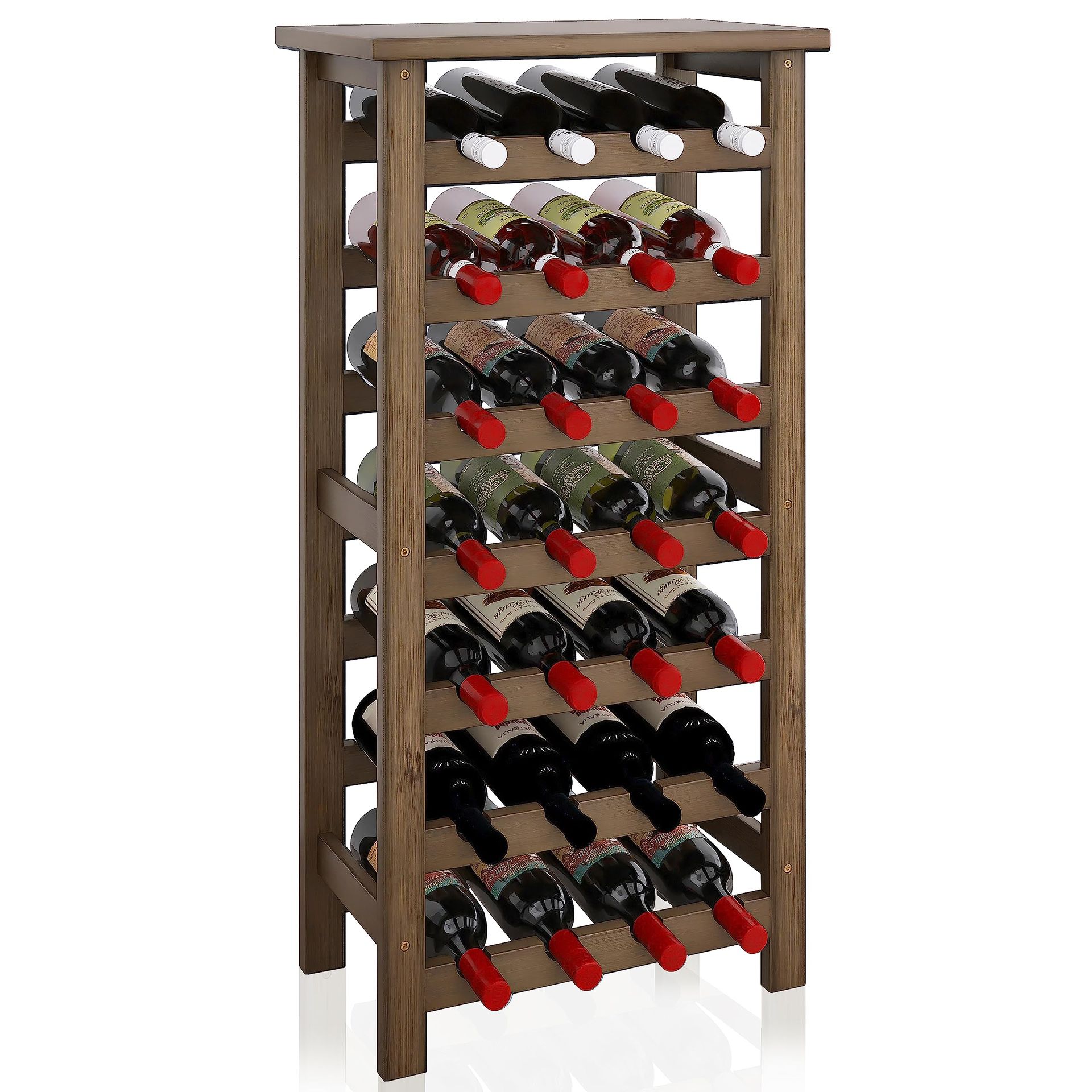SMIBUY Bamboo Wine Rack, 28 Bottles Display Holder With Table Top, 7-Tier Free Standing Storage Shelves For Kitchen, Pantry, Cellar, Bar (Walnut)