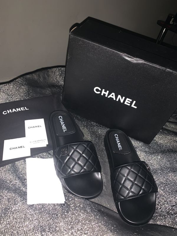 chanel slides tan