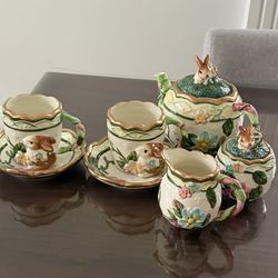 WMG BUNNY RABBIT EASTER FLOWERS 8 PC TEA SET-TEAPOT CUPS SAUCERS CREAMER SUGAR