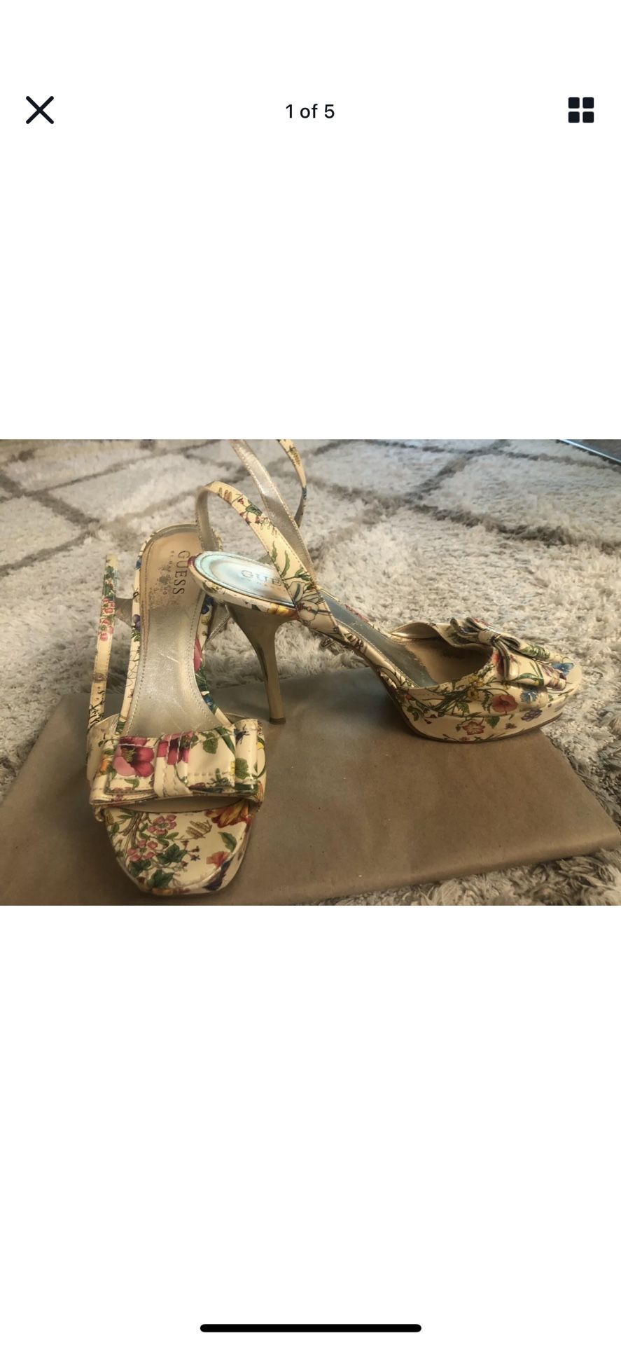 Guess Marciano Empower Patent Floral Ankle Wrap Strap Platform Gold Heels 7