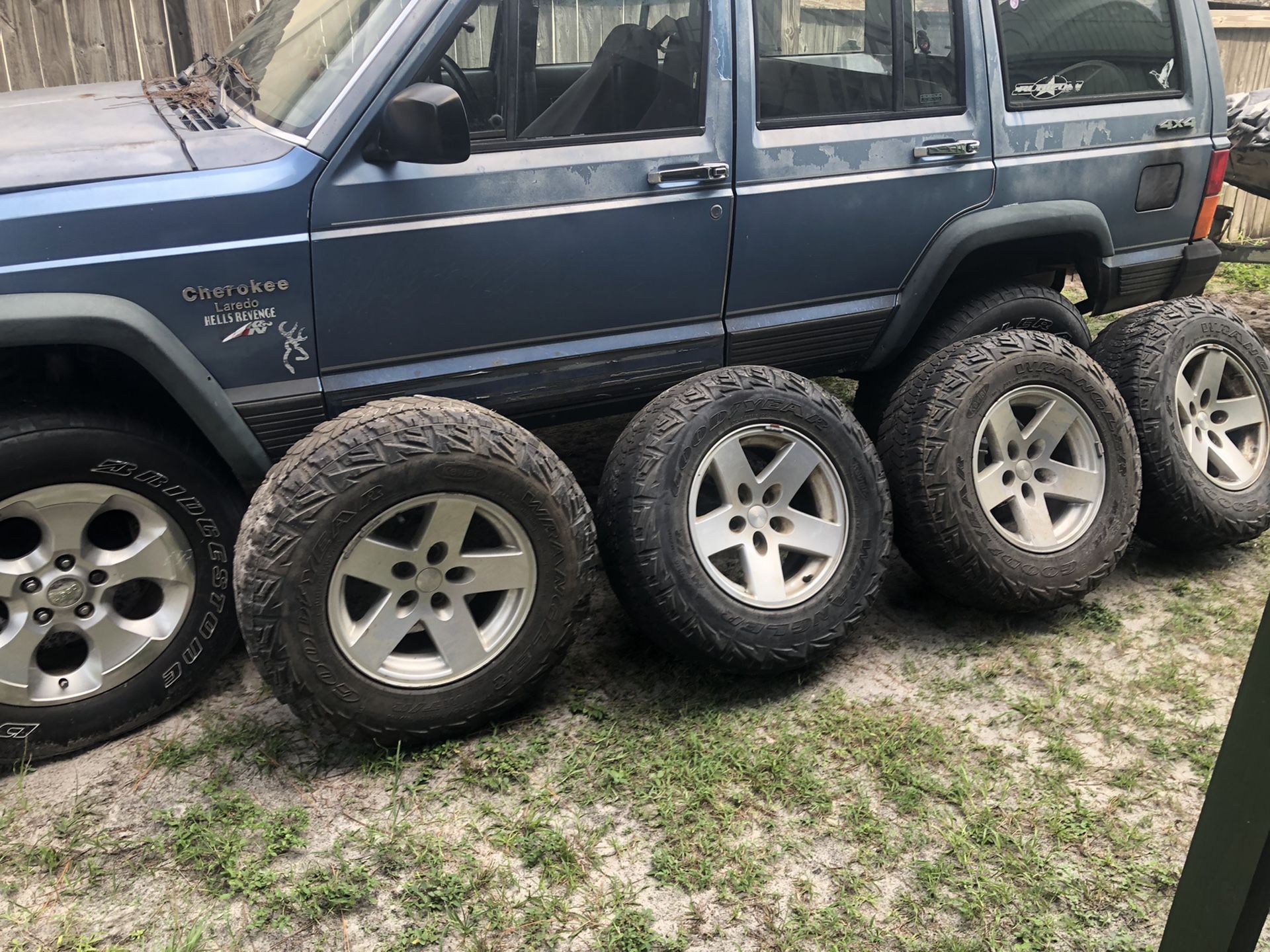 16 inch jeep Rubicon rims with a brand new Kevlar Goodyear MTR spare