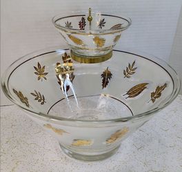 Mid Century Vintage Libbey's Frosted Golden Foliage Gold Leaf Chip & Dip Bowl Set