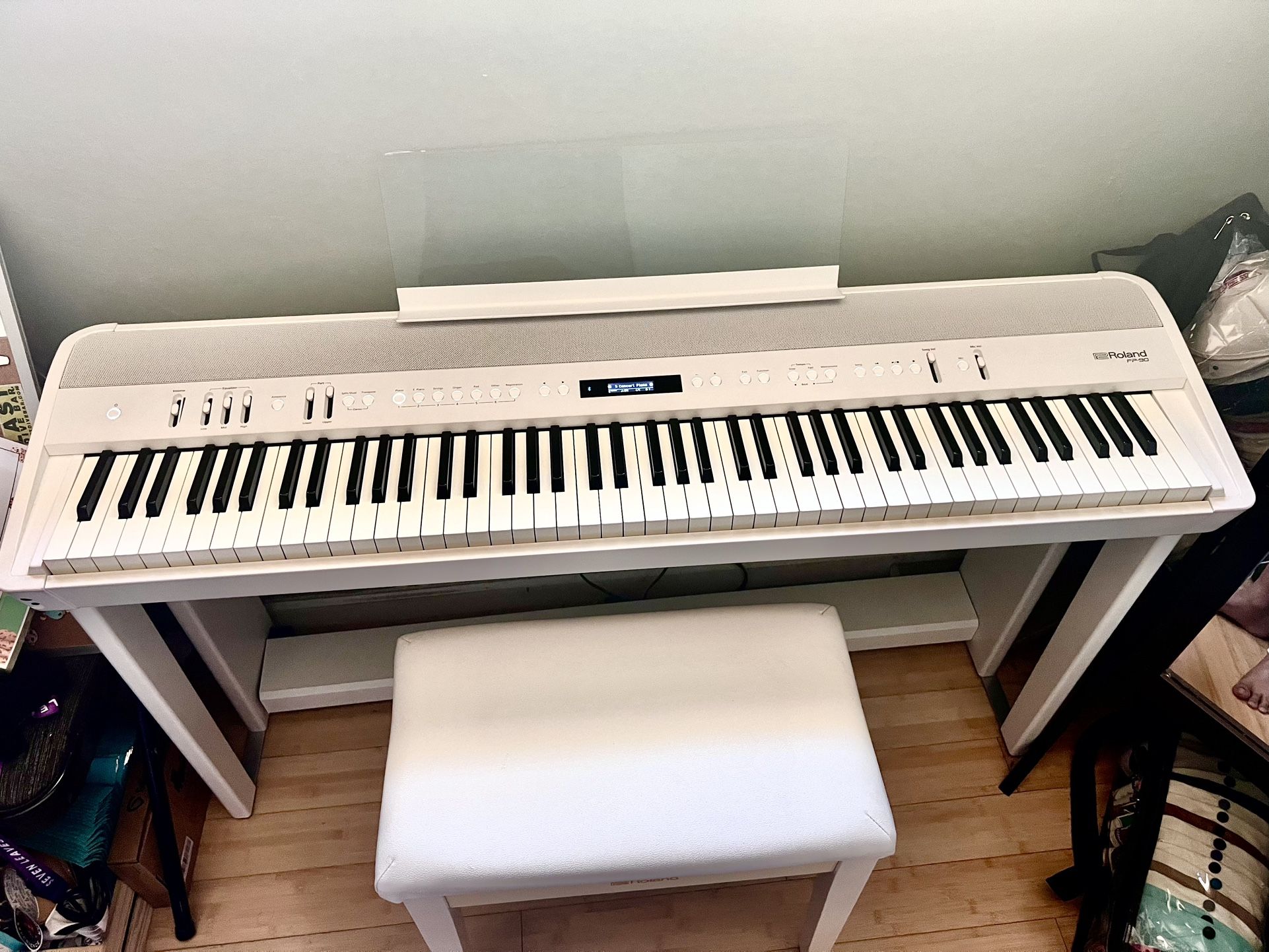 Roland FP-90 Digital Piano w/ Matching Stand & Bench – White – Weighted Keys - Excellent Condition