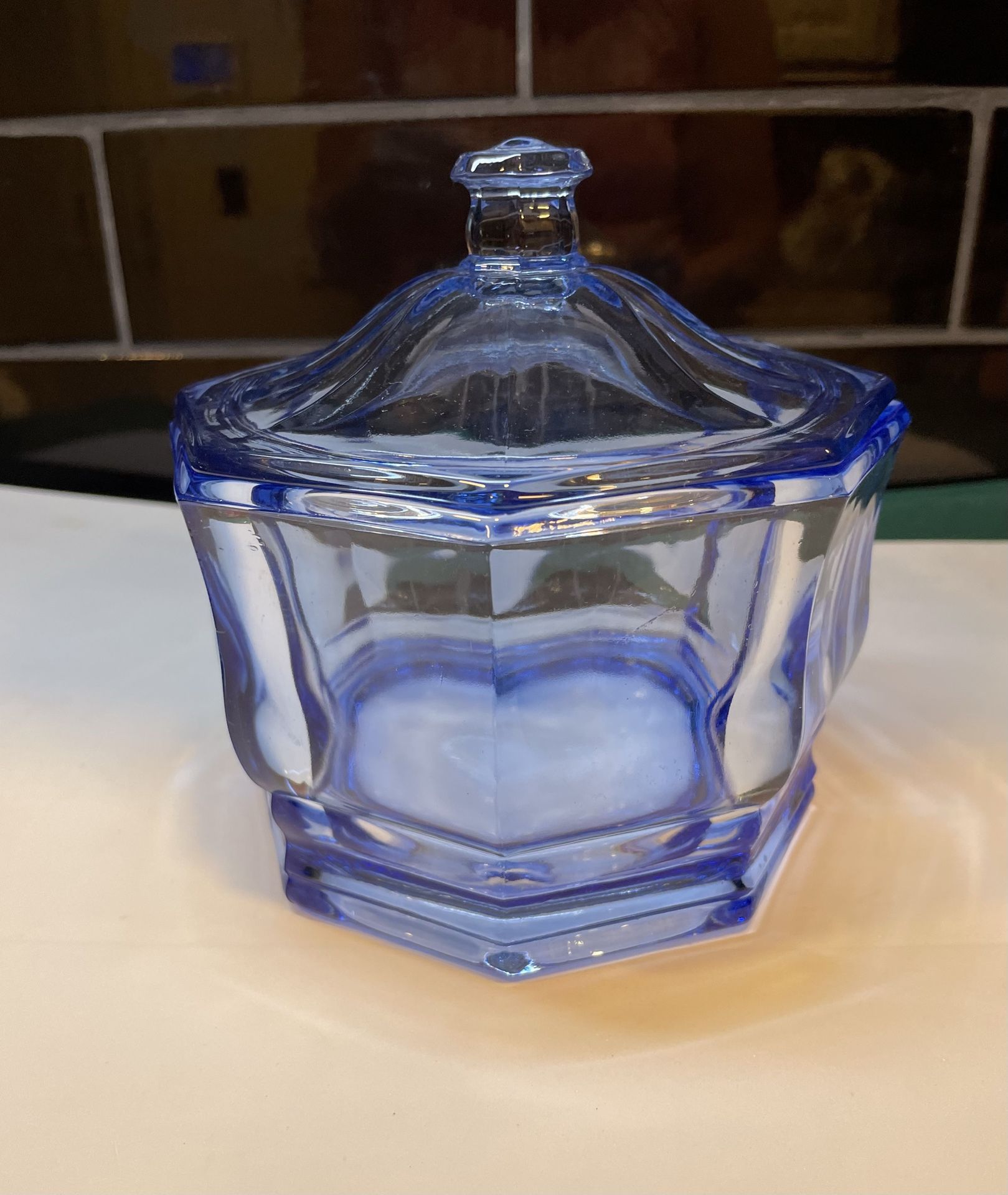 Beautiful vintage Indiana Glass concord blue octagonal candy dish with lid