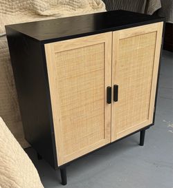 Modern Scandinavian/MCM Style 2-Door Wood & Cane Media Cabinet / Dresser w/ Interior Adjustable Shelf & Tapered Legs