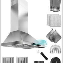 New Sealed-30 inch Stainless Steel Wall Mount Range Hood - 900 CFM, Gesture Control, Ultra-Quiet 4-Speed Vent, LED Lights, Ducted/Ductless Convertible