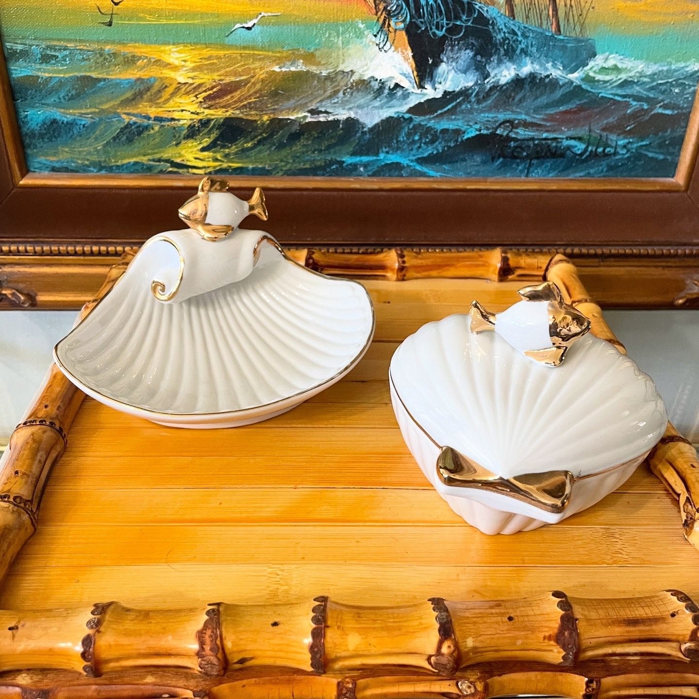 Vtg Enesco Japan White Porcelain Shell Dishes with Gold Fish Detail – Set of 2