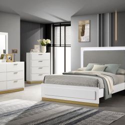 💎 5 PIECE QUEEN BED SIZE BEDROOM SET NIGHTSTAND DRESSER TALL CHEST MIRROR WHITE GOLD FINISH💎