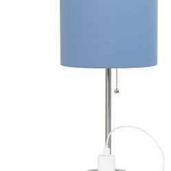 *NEW* Steel Stick Table Desk Lamp with Charging Outlet and Drum Fabric Blue Shade, Bulb Included