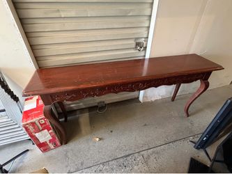 Vintage Brown Dark Wood Carved Apron Rectangular Console Table 68x12x30 Indoor