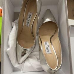 Jimmy Choo Romy 85 Silver Liquid Metal Leather Pumps