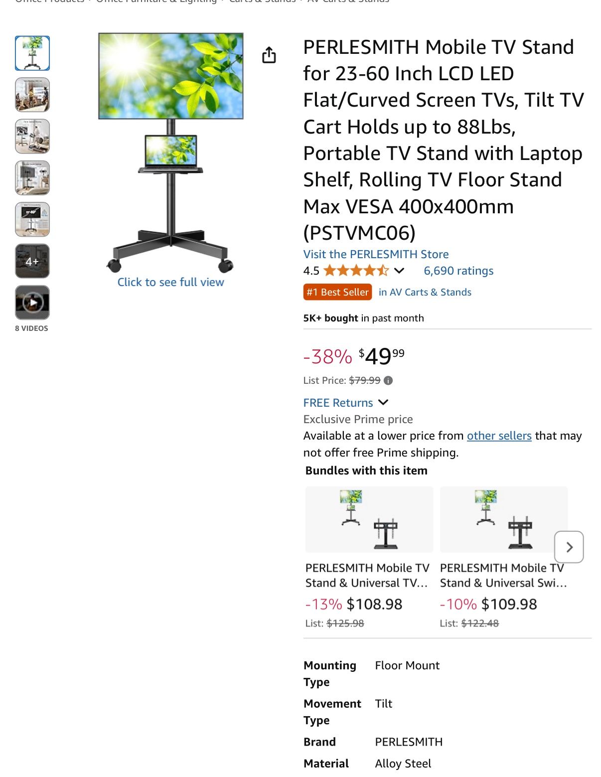 PERLESMITH Mobile TV Stand for 23-60 Inch