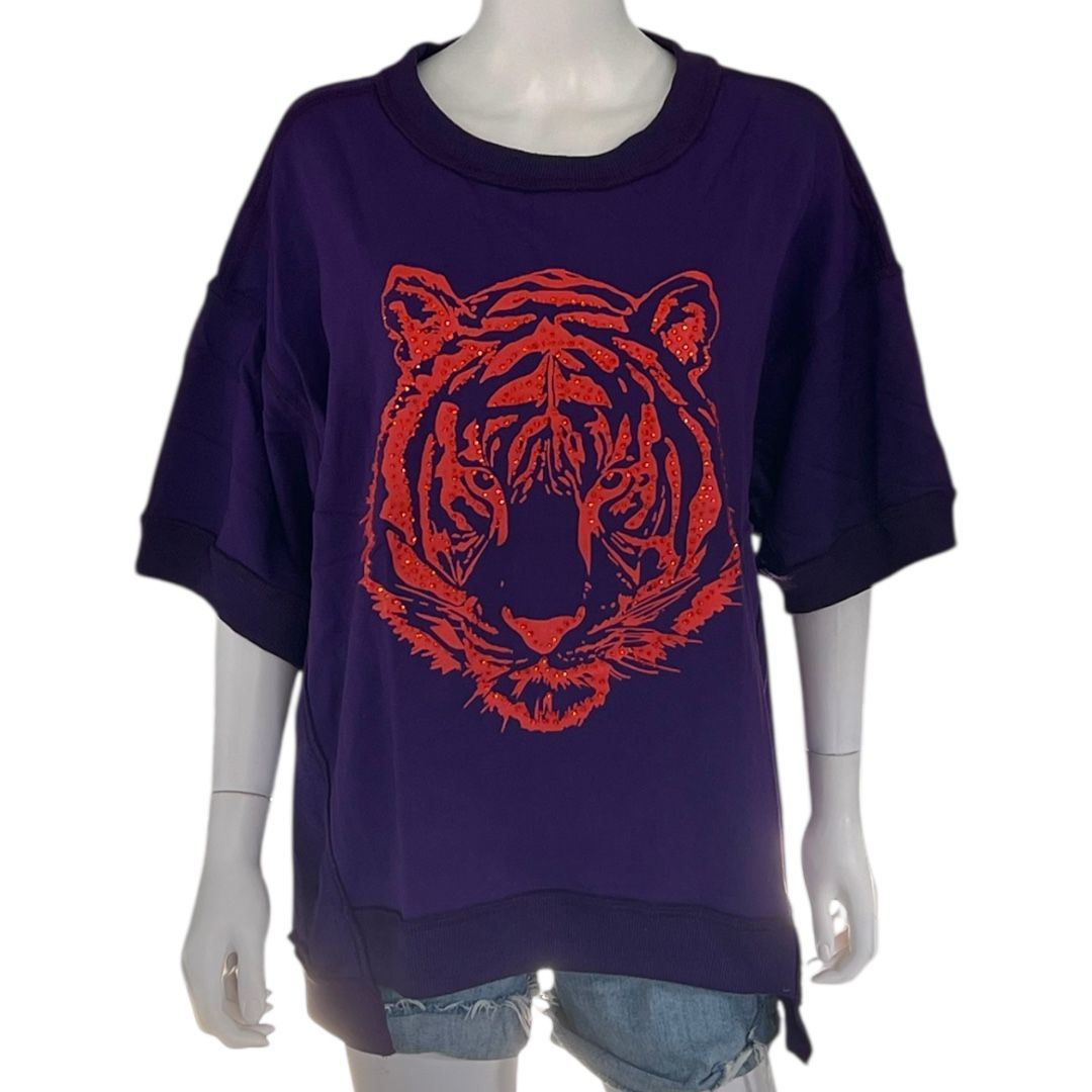 FANTASTIC FAWN purple French Terry Tiger Pullover Sz Small