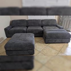 Brand New 4pc Sectional With Ottoman Dark Gray Corduroy 127x66
