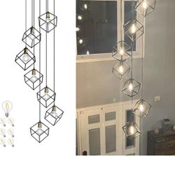 Vivihobb Modern Large Foyer Chandelier,7-Light Black Metal Cage,118" Long Light Fixture For High Ceilings Entryway Foyer Staircase,LED Bulbs Included