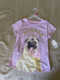 Wonder Nation Girls Pug Summer Vibes Graphic T-Shirt - Size L (10-12)