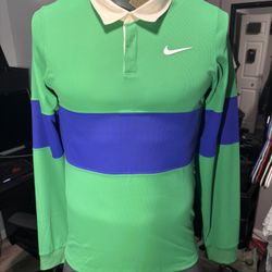 NEW Nike Court Tennis Mens Small Green Blue DRI-FIT ADV Long Sleeve Polo
