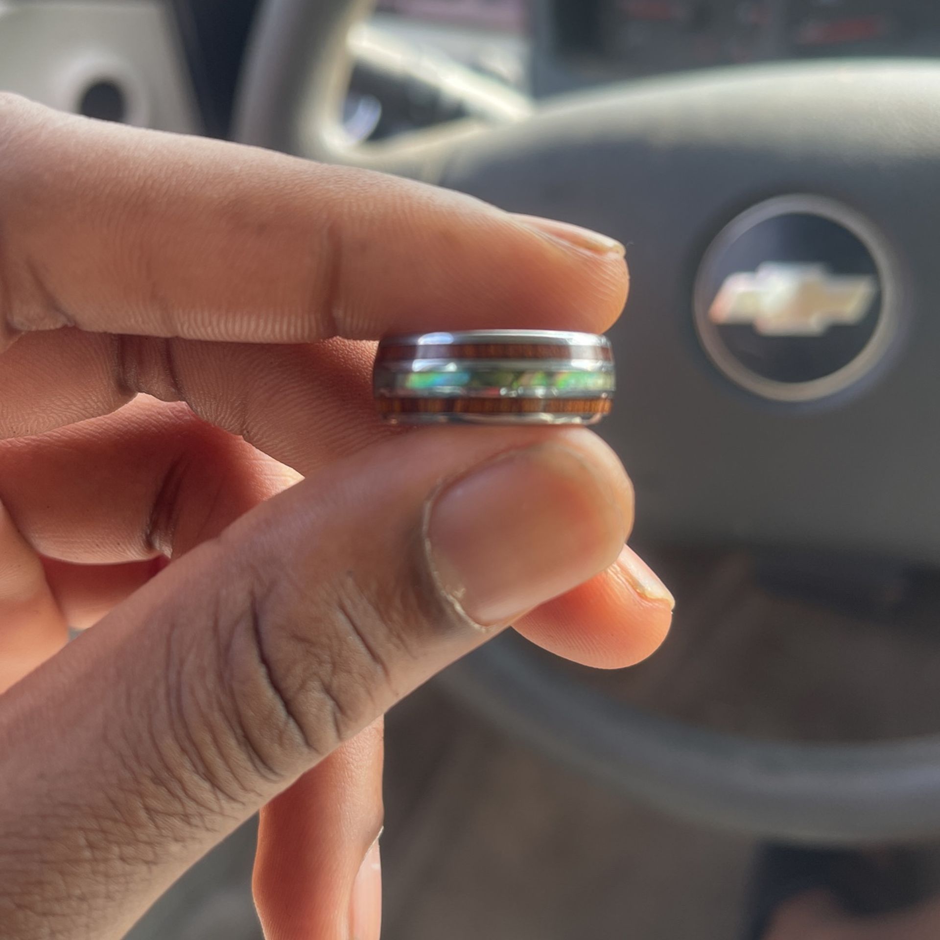 "DIONYSUS" KOA X BLUE-GREEN OPAL SILVER TUNGSTEN RING