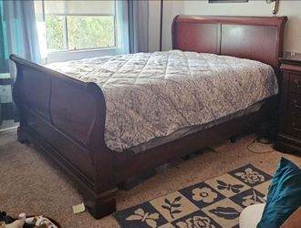 Cherry wood Queen sleigh bed with mattress and dresser