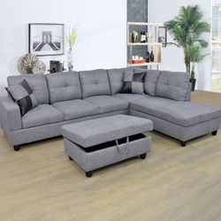 Gray Linen Sectional Couch And Storage Ottoman