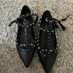 Valentino Garavani Rockstuds Black Caged Leather Ballerina Flats Noir 35