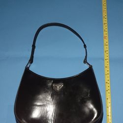 Prada Milano Cleo Genuine Shoulder Small Bag Hand bag Women Brushed Leather Black Color