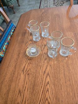 Set of 6 Gold-Rim Glass Tea Cups + Matching Candle Holder & Saucer