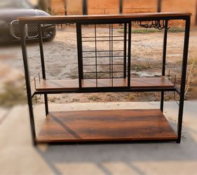 Wine Rack Table w/ Glass Holder, Industrial Wood & Metal Frame Console Table, Liquor Cabinet Bar w/ Bottle Shelf