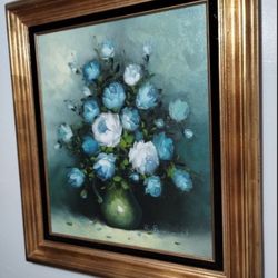 VTG ROY PASANAULT OIL ON CANVAS PAINTING WALL ART - VASE OF FLOWERS 32"×28"